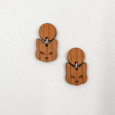 Dark Wooden Cat Stud Dangle Earrings