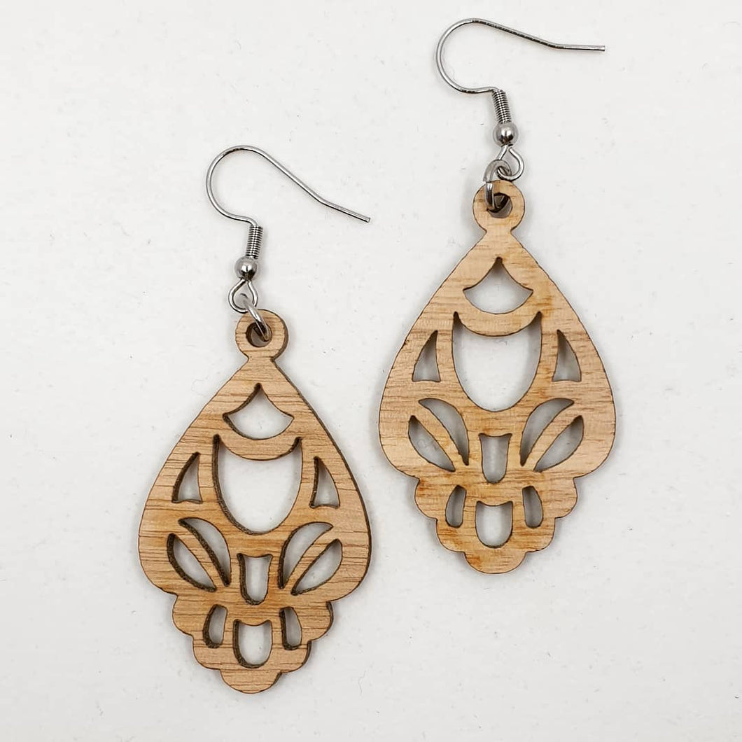 Light Wood Art Nouveau Style Hook Dangle Earrings - Australian Handmade & Hypoallergenic