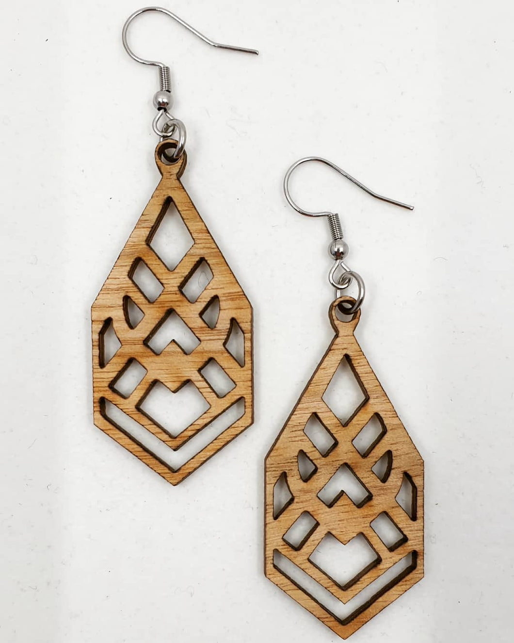 Light Wood Geometric Ornate Hook Dangle Earrings - Australian Handmade & Hypoallergenic