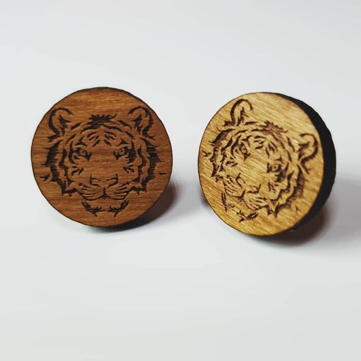 Wooden Tiger Face Stud Earrings