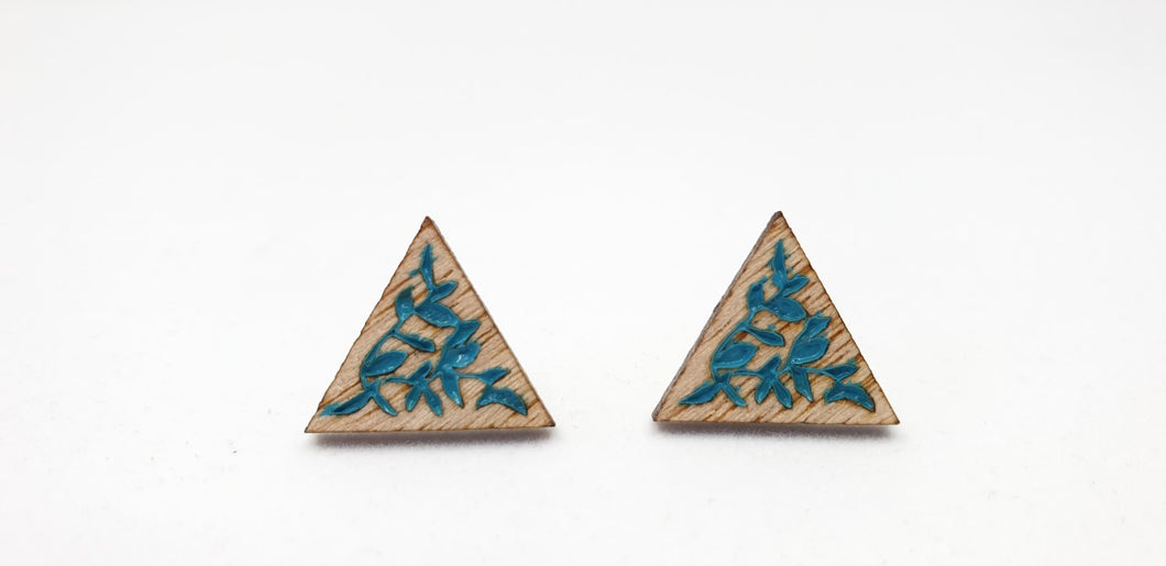 Handpainted Light Wood Eucalypt Triangle Vine and leaf Stud Earrings - Australian Handmade & Hypoallergenic