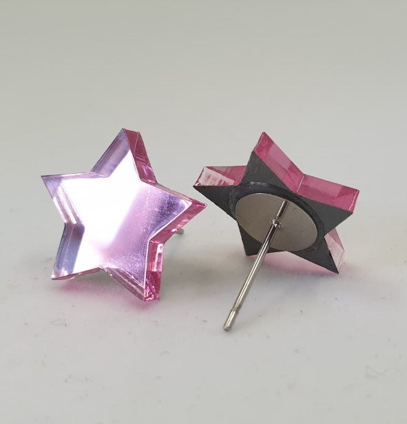 Pink Shiny Mirror Star Stud Earrings